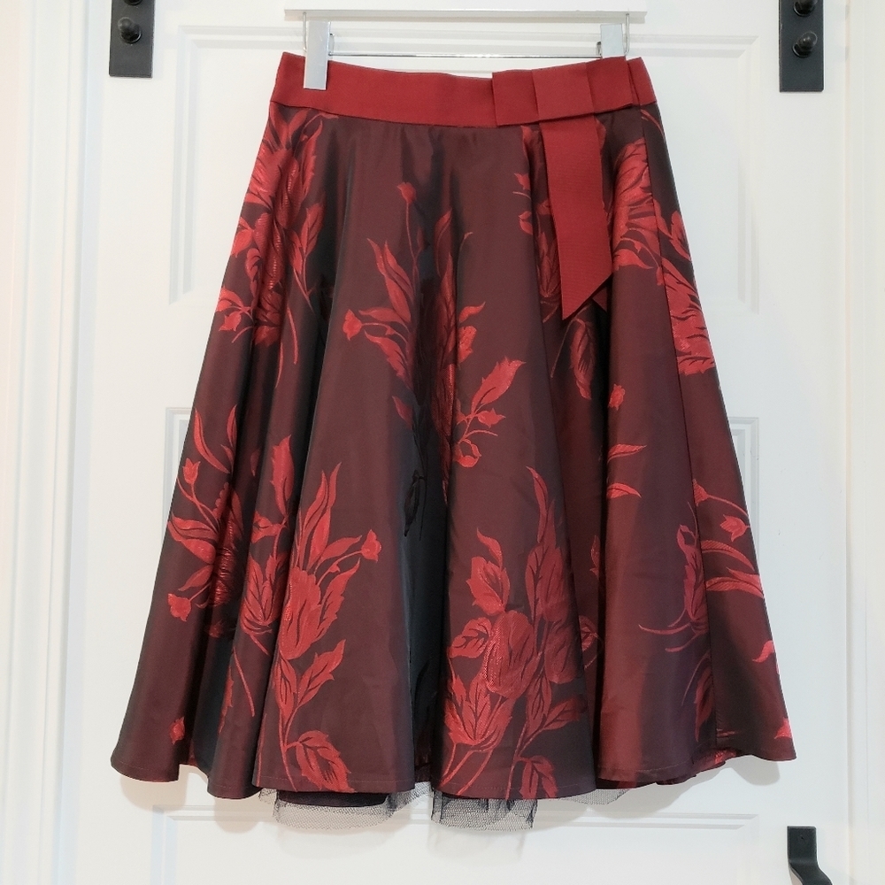 Zero A Line Pleat Floral Skirt Womens 6 Red Knee Length Layered EUR 38 Bow Waist